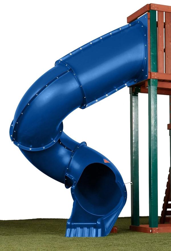 A blue spiral tube slide bolted to a green and cedar play tower