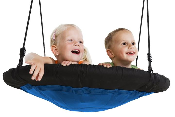 A brother and sister laughing in a round blue nest swing