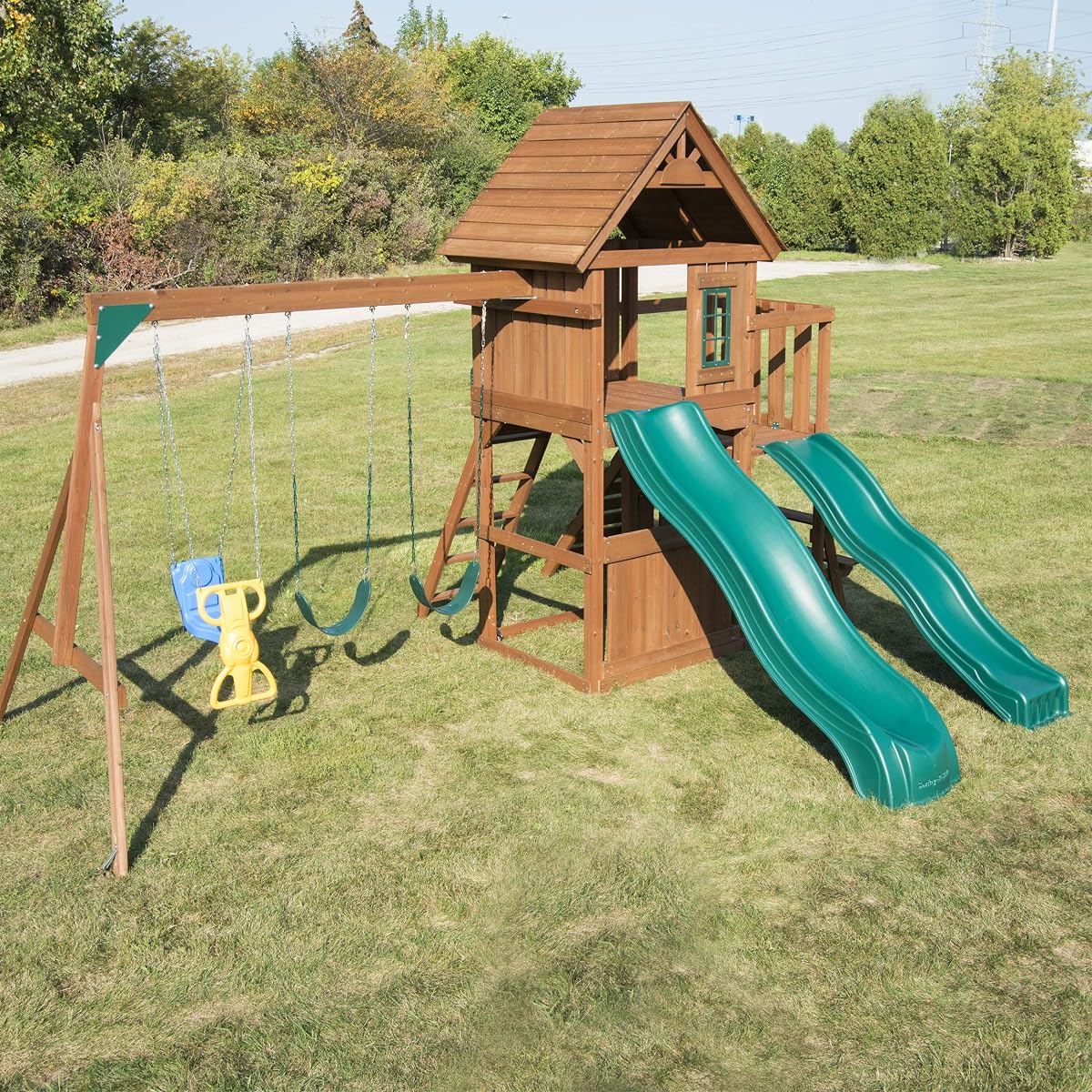Lookout Mountain Wooden Swing Set with Two Slides