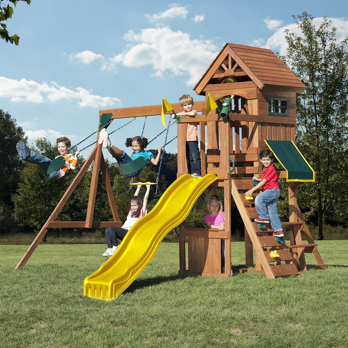 Sunnyhill Wooden Swing Set with Wood Roof